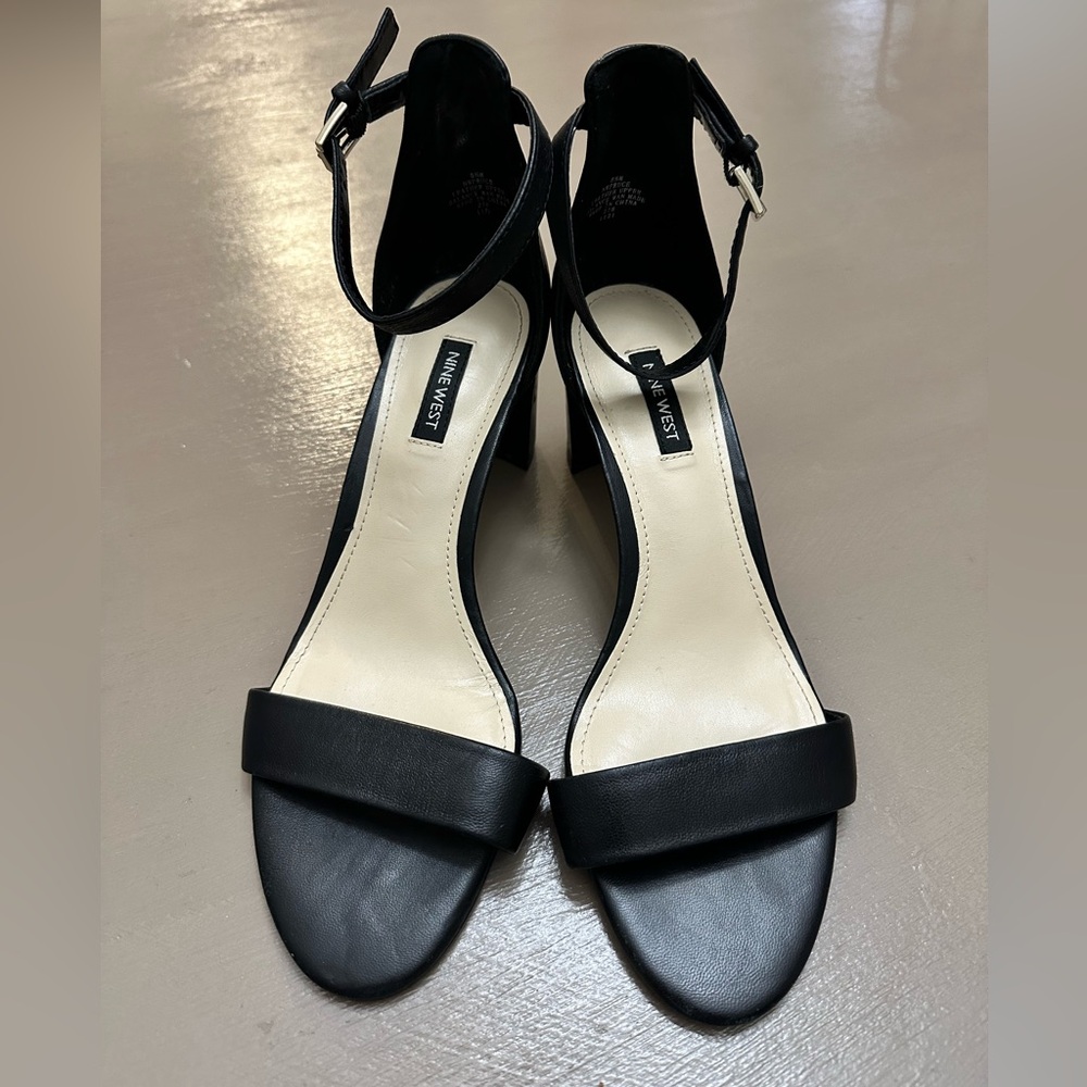 Nine West Women’s Pruce Ankle Strap  Block Heels Sandals iBlack Leather Sz 8.5